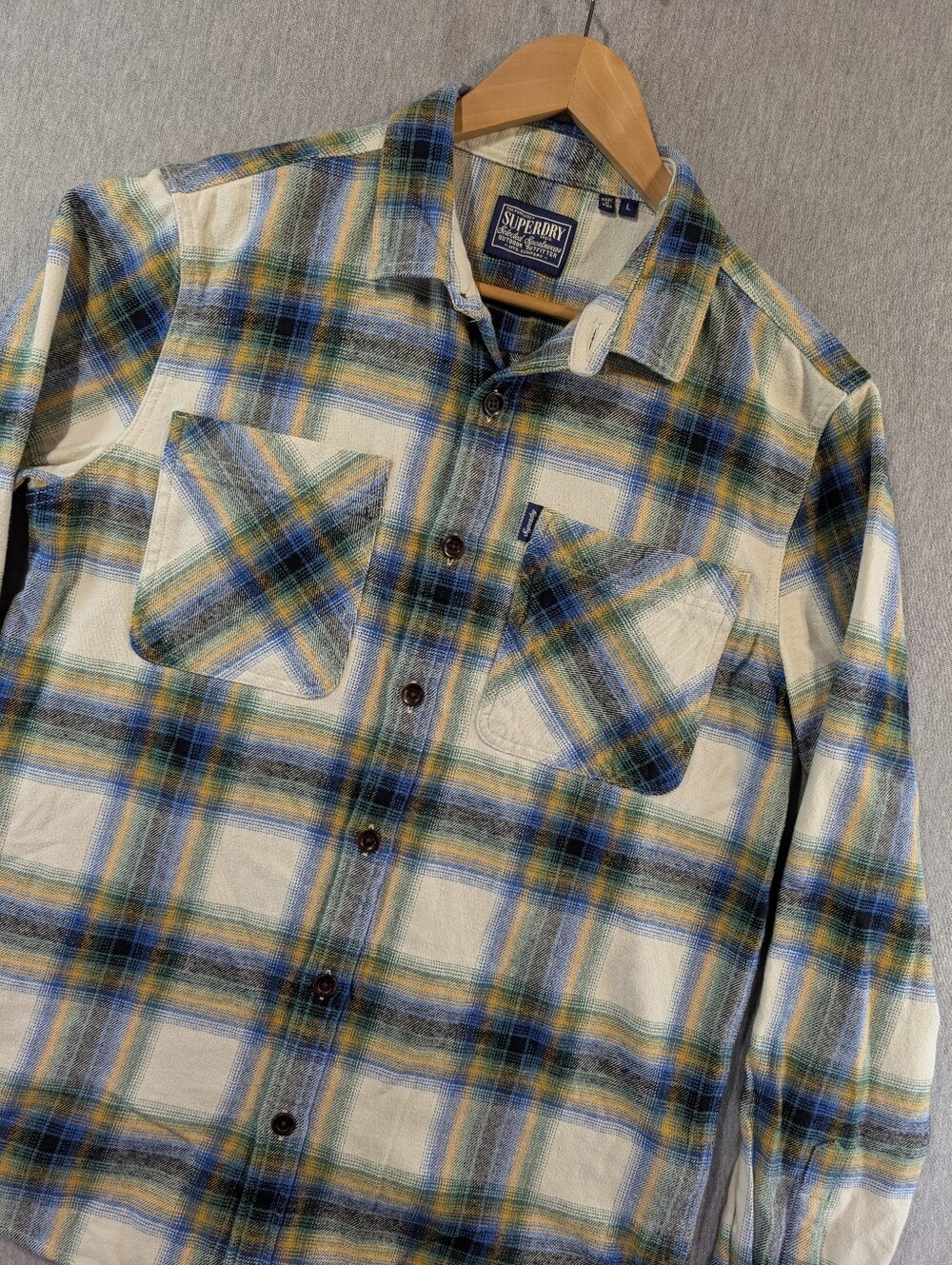 Superdry Flannel Plaid Shirt Men's Large Button Up Green Blue Cotton
